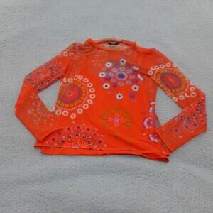Desigual Top Womens Large Sheer Floral Orange Layered Y2K Fitted Flower Hippie